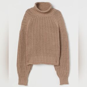 H&M Ribbed Polo-Neck Jumper Elegant Drop Shoulder Beige Turtleneck Sweater- L